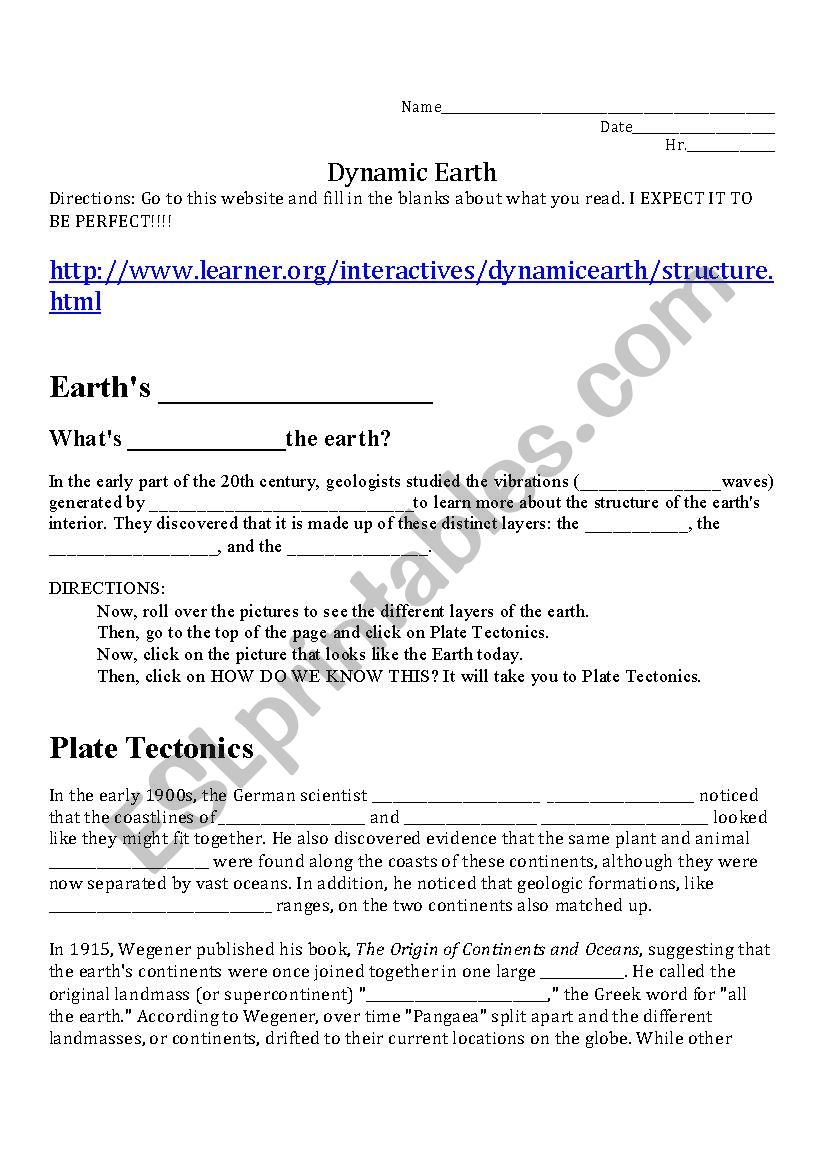 Cloze Internet Activity for Plate Tectonics