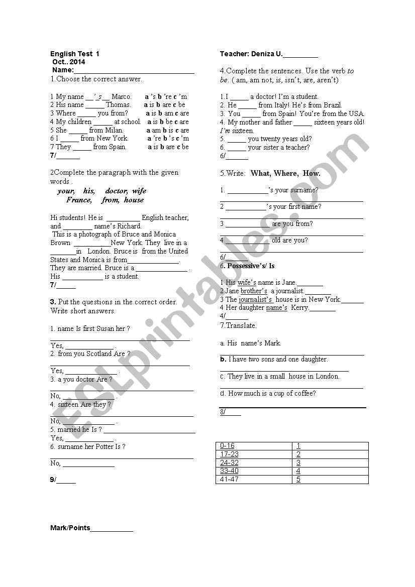 Elementary Test worksheet