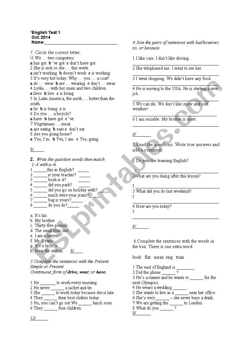 Headway Pre-Intermediate Test worksheet