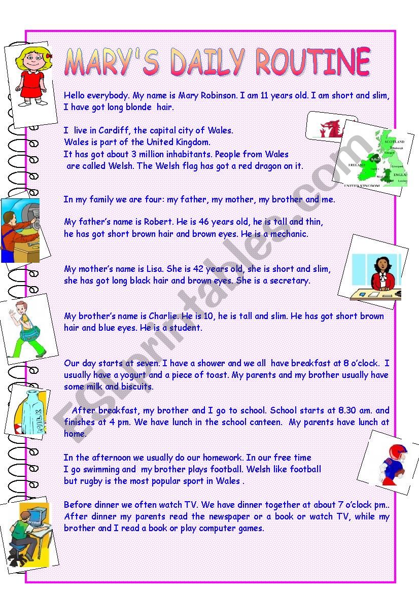 Mary´s daily routine worksheet Mary´s daily routine worksheet
