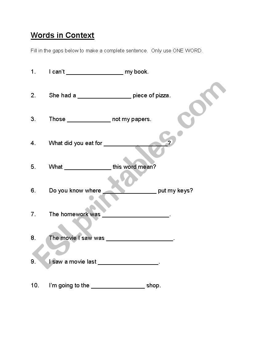 Cloze sentences worksheet