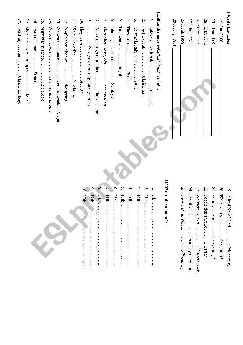 dates and was/were worksheet