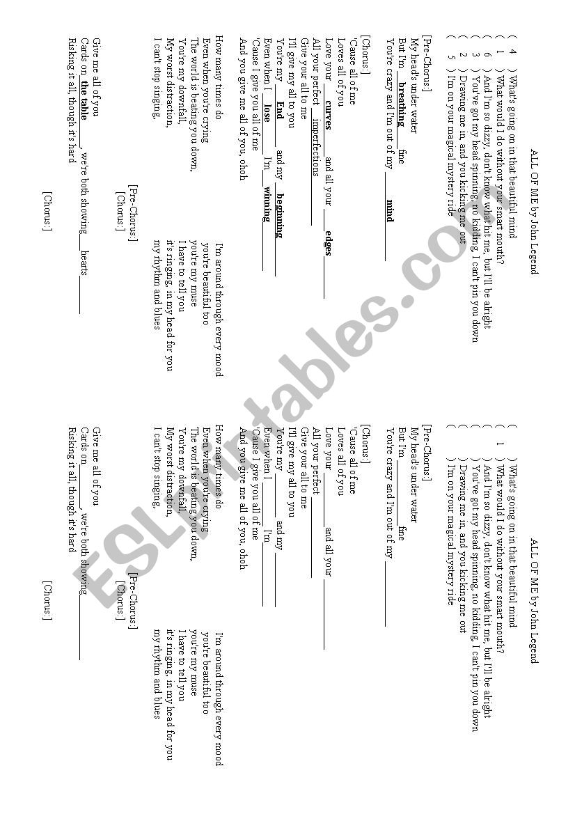 All of Me by John Legend worksheet