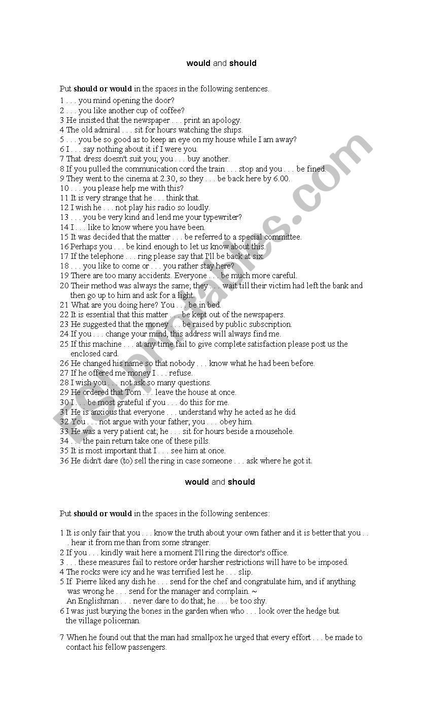Would and Should worksheet