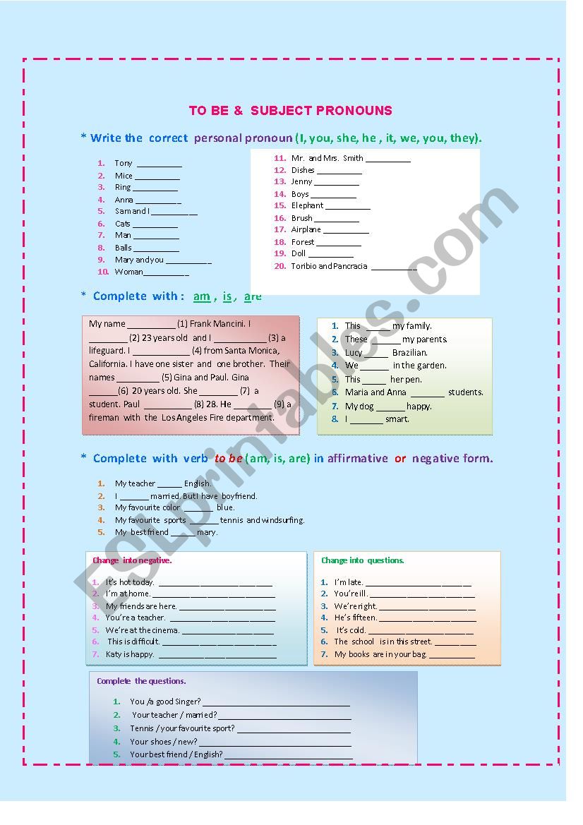 To be and subject pronouns worksheet