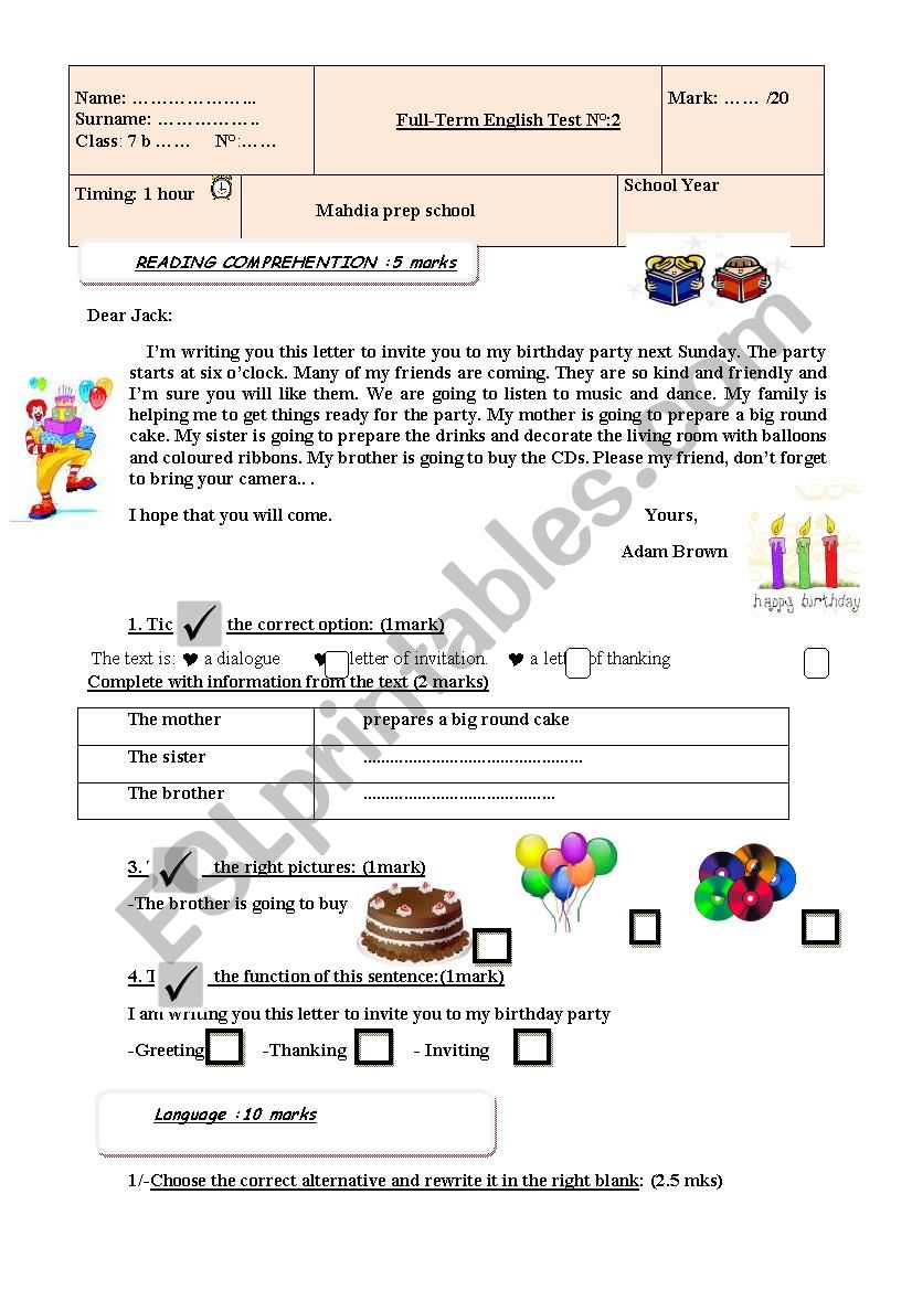 full trem test 2 for 7th  worksheet