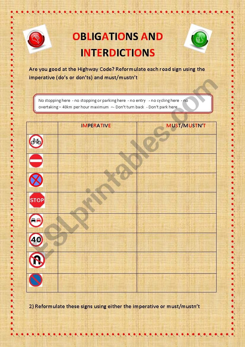 Obligations and interdictions worksheet