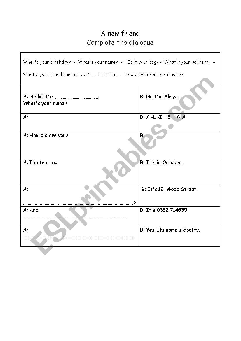 a new friend worksheet