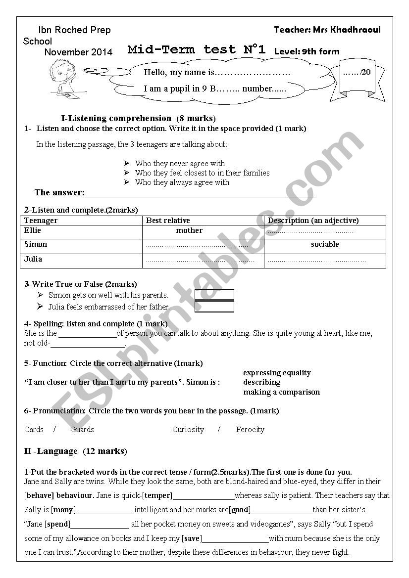 Mid-term test n1 9th form worksheet