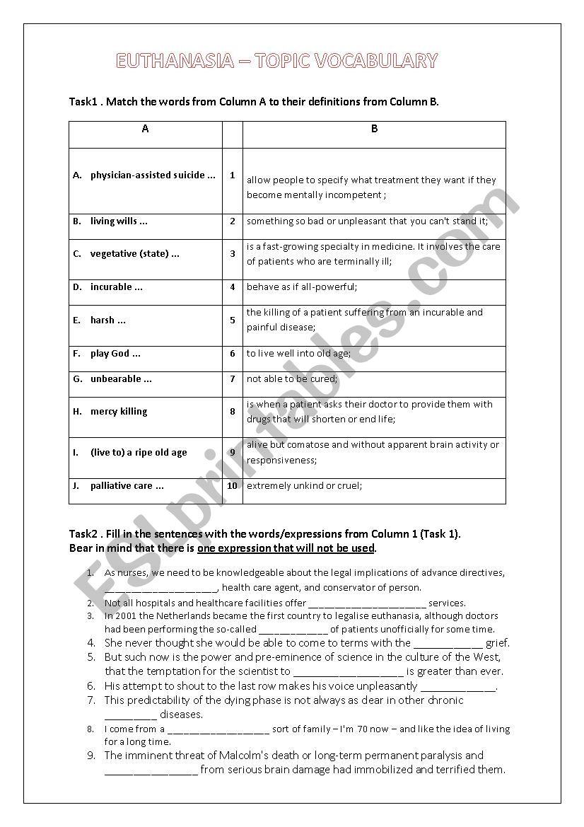 EUTHANASIA. TOPIC VOCABULARY worksheet