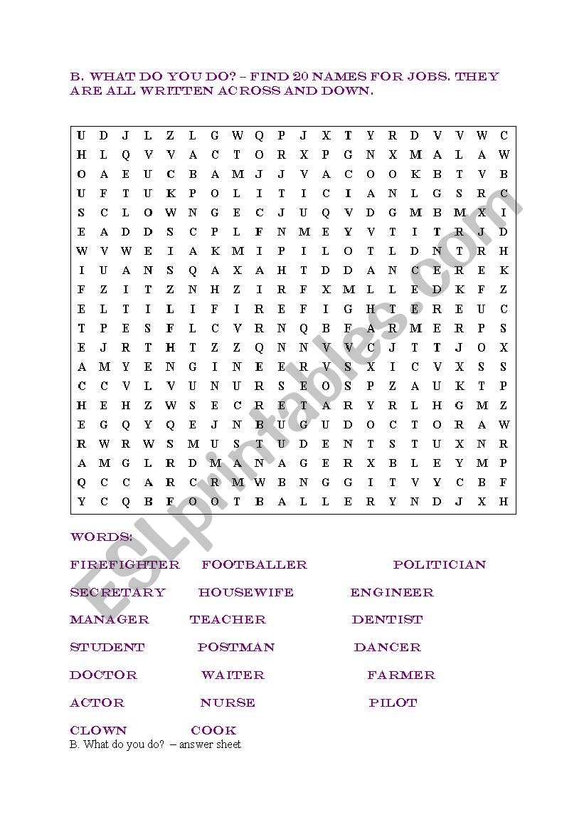 Jobs - wordsearch worksheet