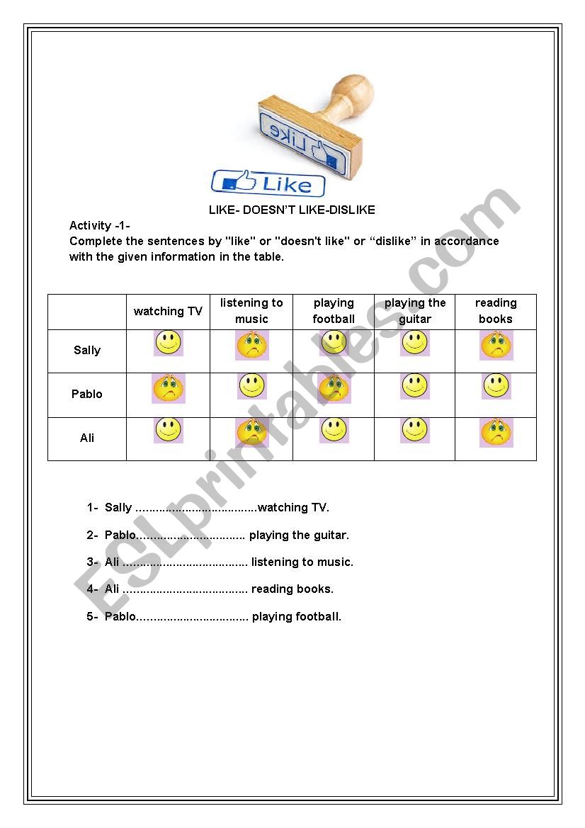 Like-Dislike-Doesnt Like worksheet