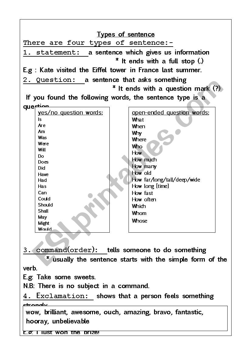 Types of sentence worksheet