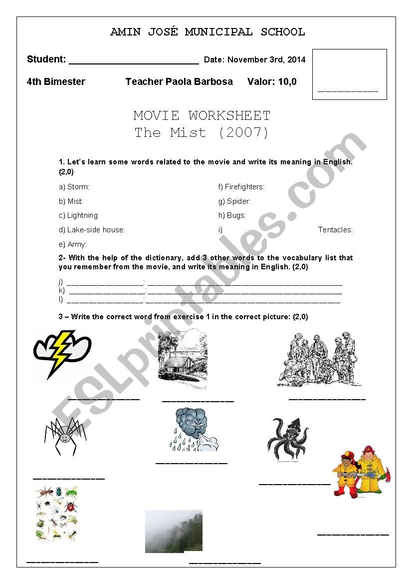 MOVIE WORKSHEET - THE MIST 2007 (Part I)