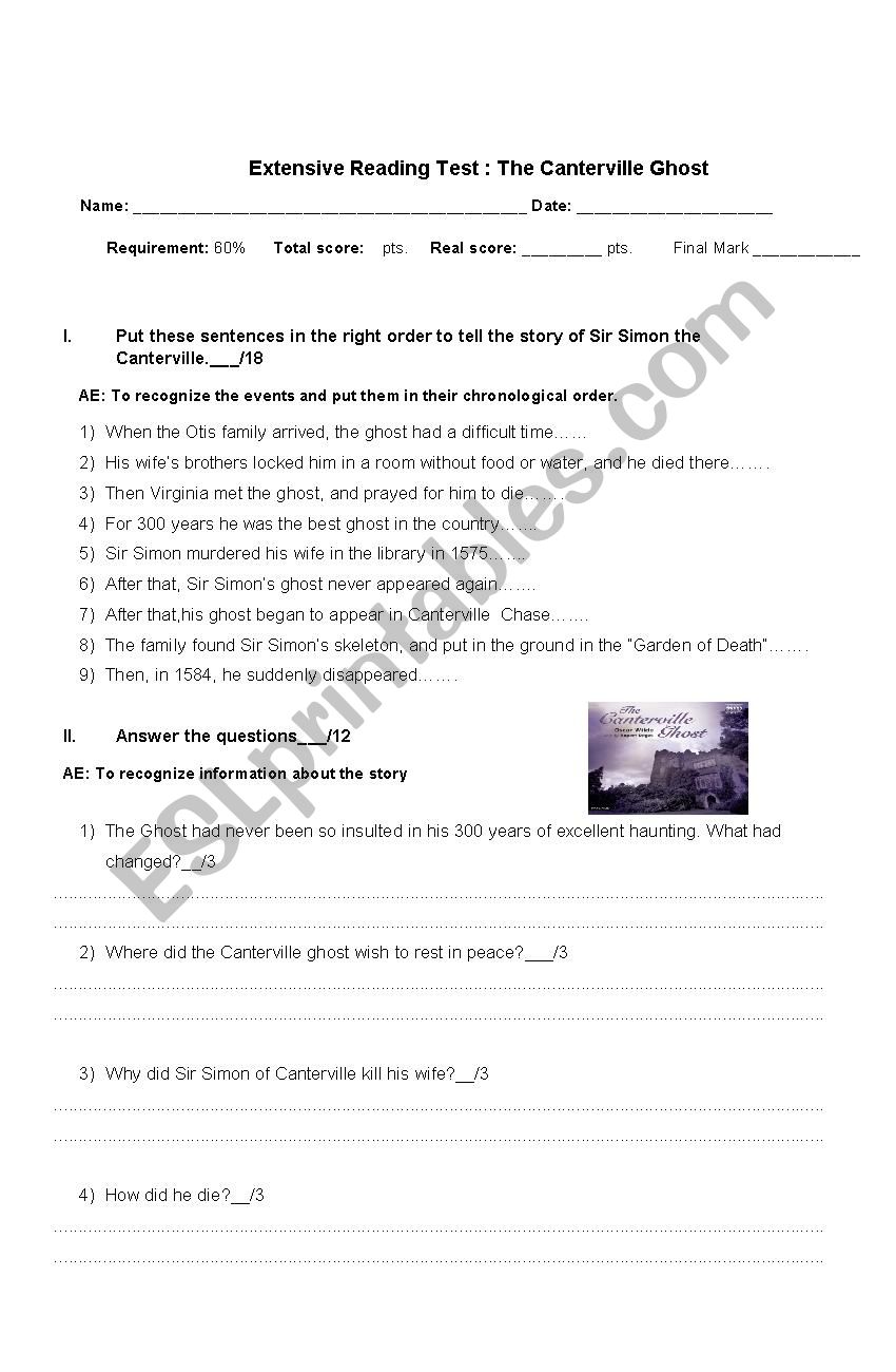 Canterville Ghost Test worksheet