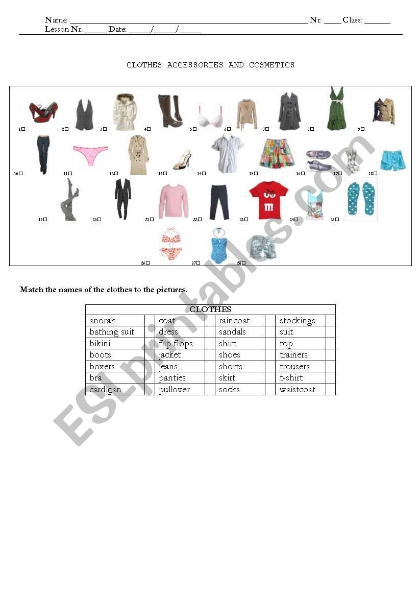 Clothes worksheet