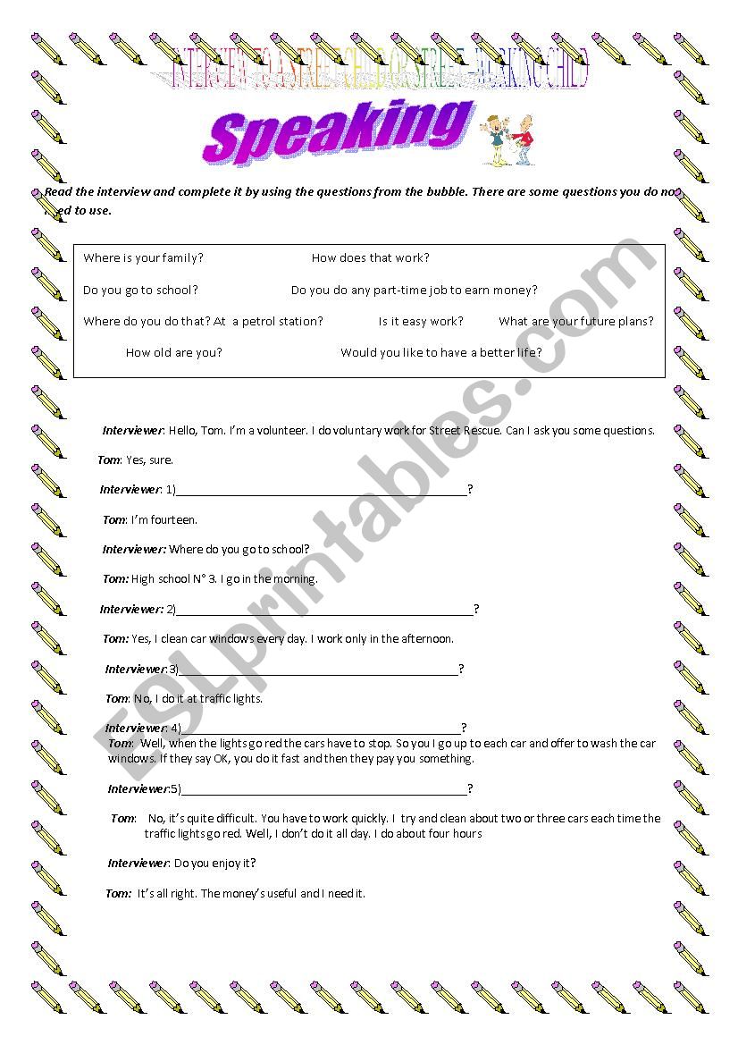 Interview to a street child worksheet