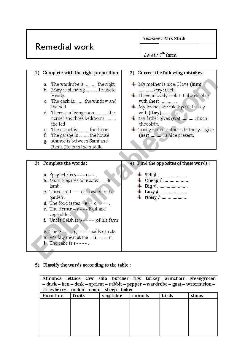 remedial work worksheet