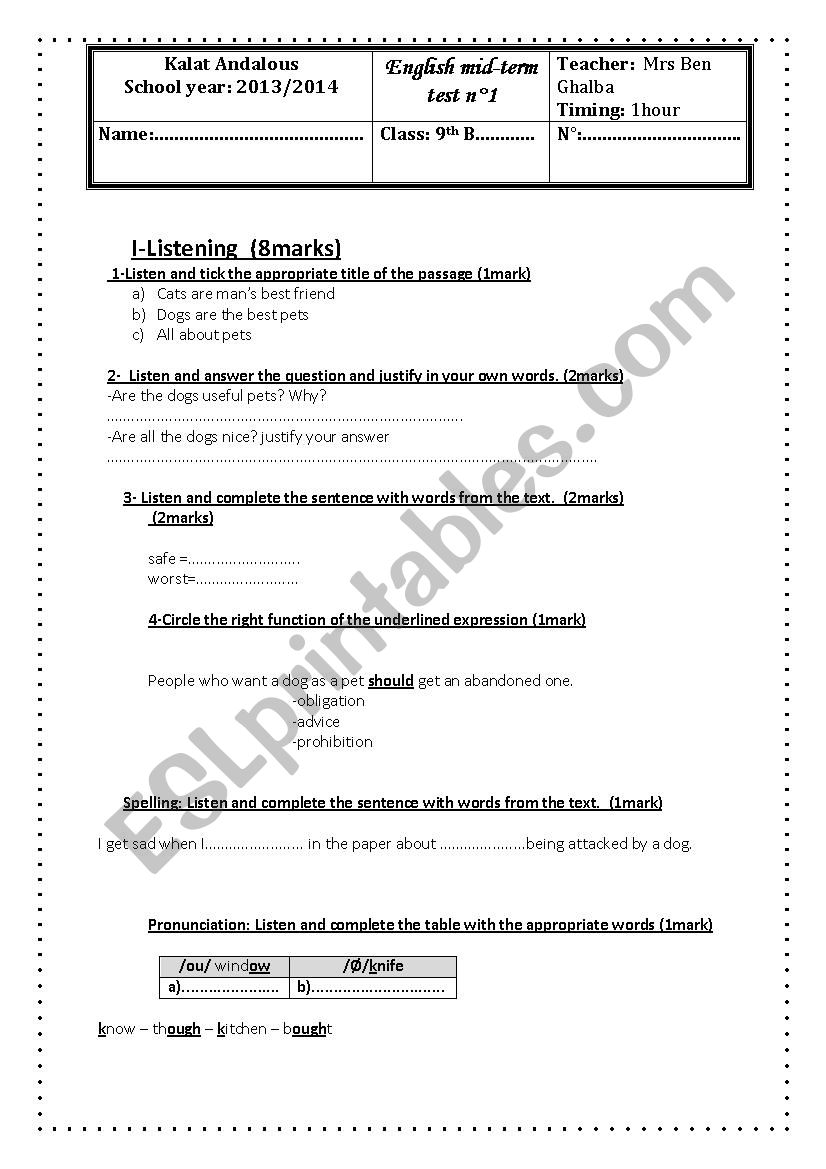 mid test 1 9th worksheet