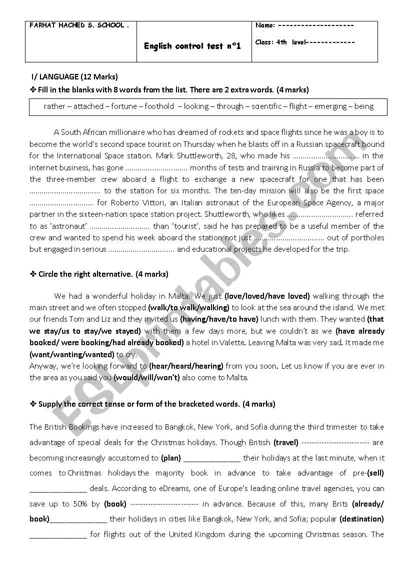 Mid-term test Bac worksheet