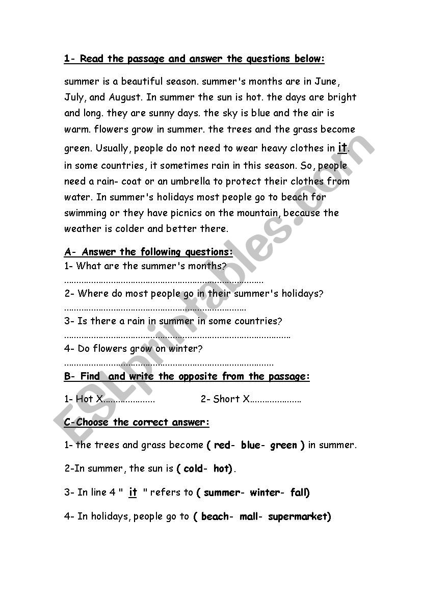 comprehension passage worksheet