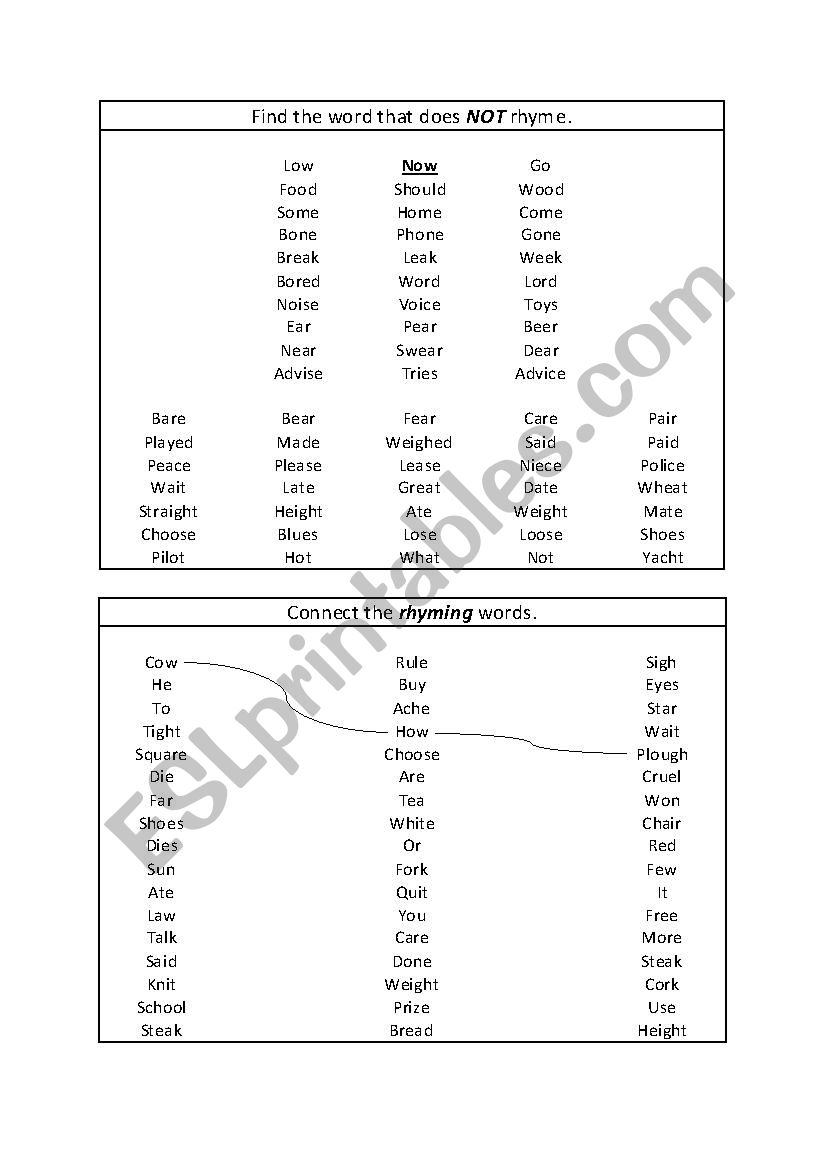 Rhyming and Vowel Sounds worksheet