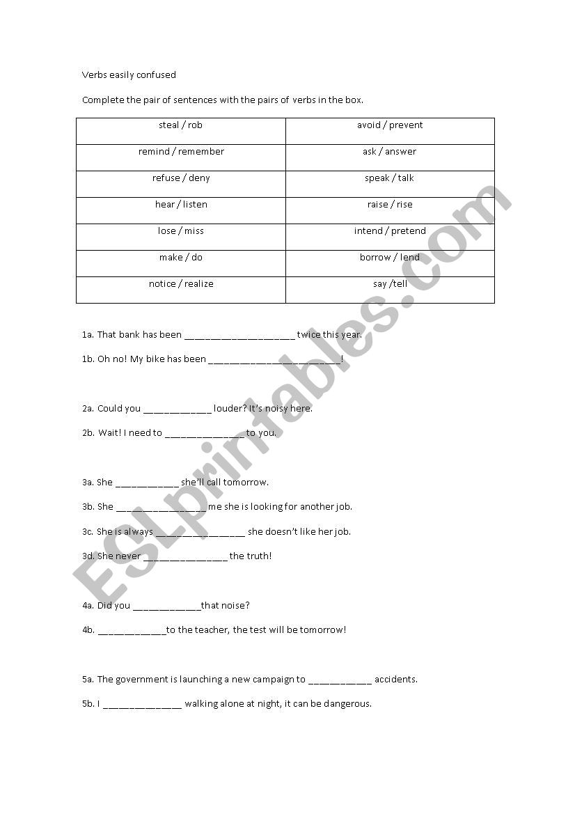 Words easily confused worksheet