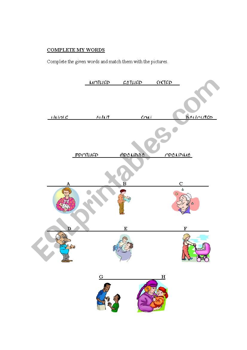 family complete my words worksheet