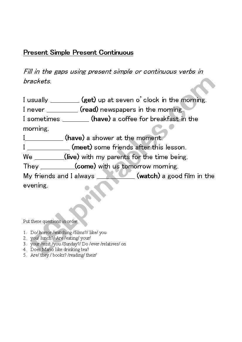present simple and present continuous test
