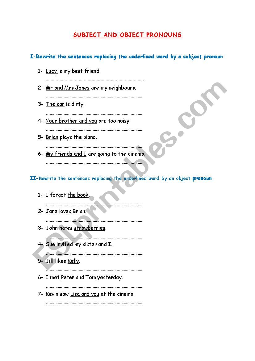 SUBJECT AND OBJECT PRONOUNS worksheet