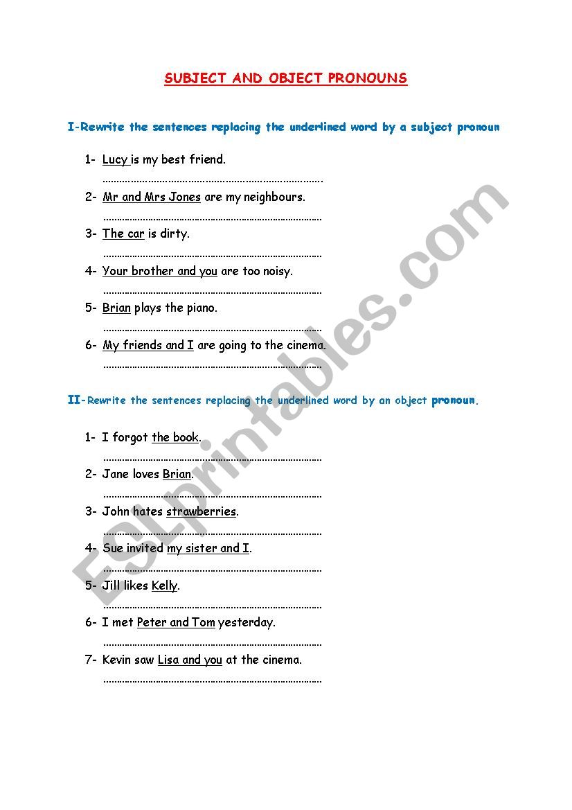 SUBJECT AND OBJECT PRONOUNS worksheet