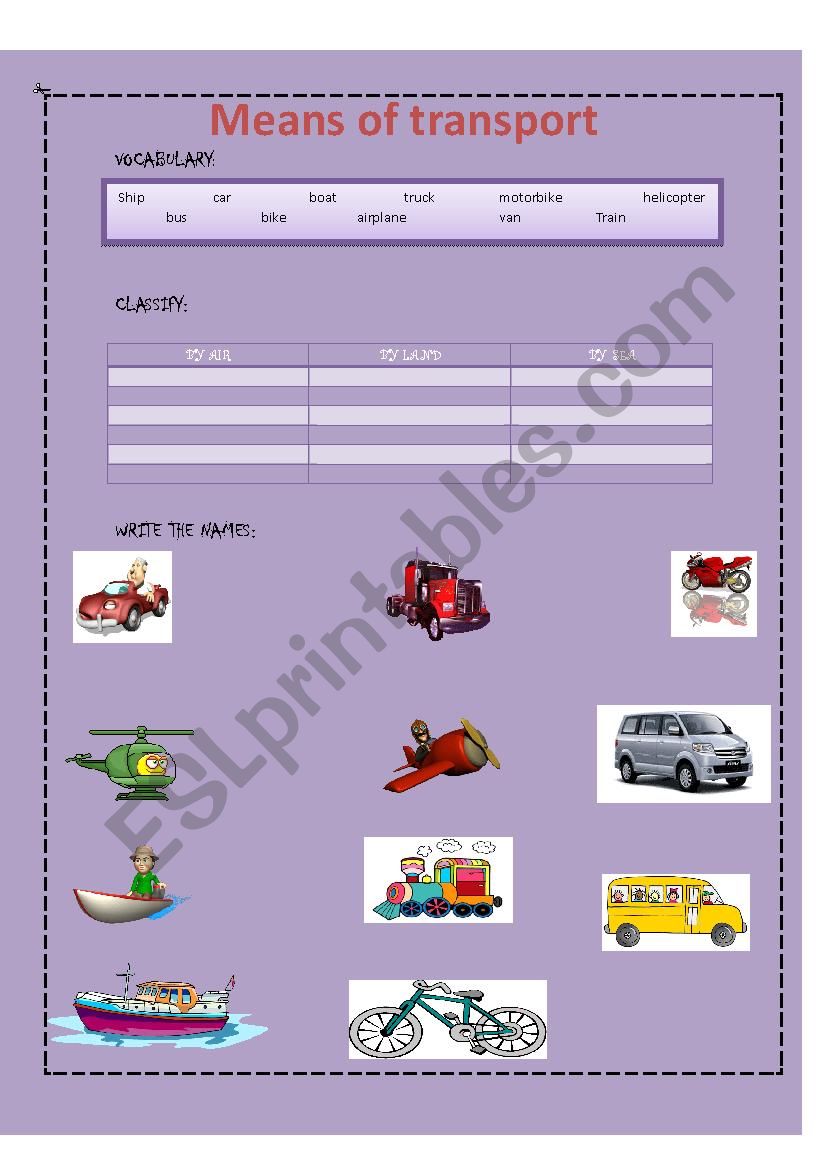 Means of transport worksheet