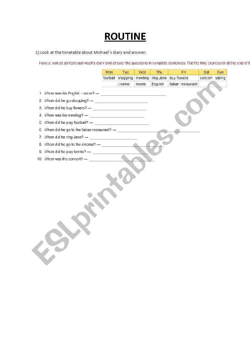 routines worksheet