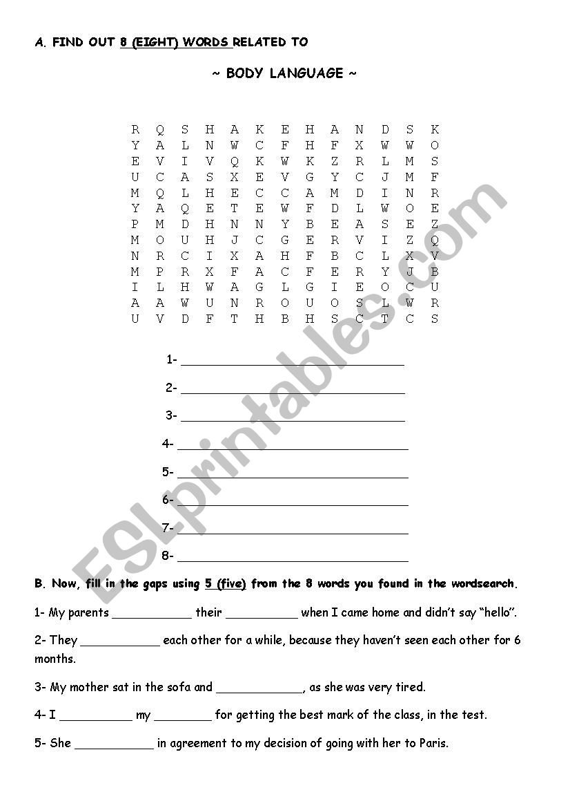 Body language wordsearch worksheet