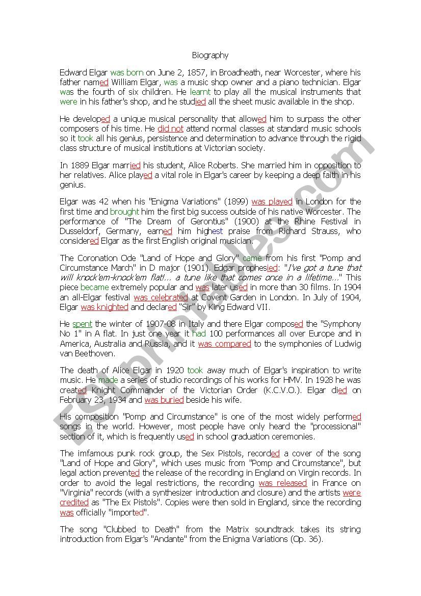 Elgar Biography worksheet