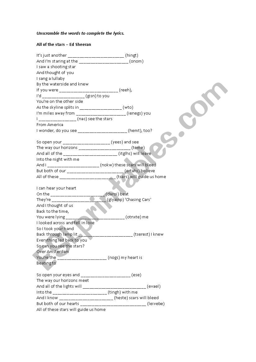 All of the stars - Ed Sheeran worksheet