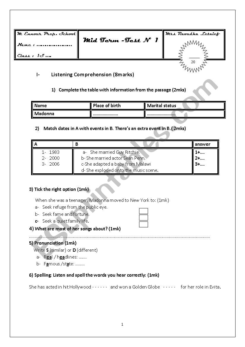 Mid- Term Test N1 1st year worksheet