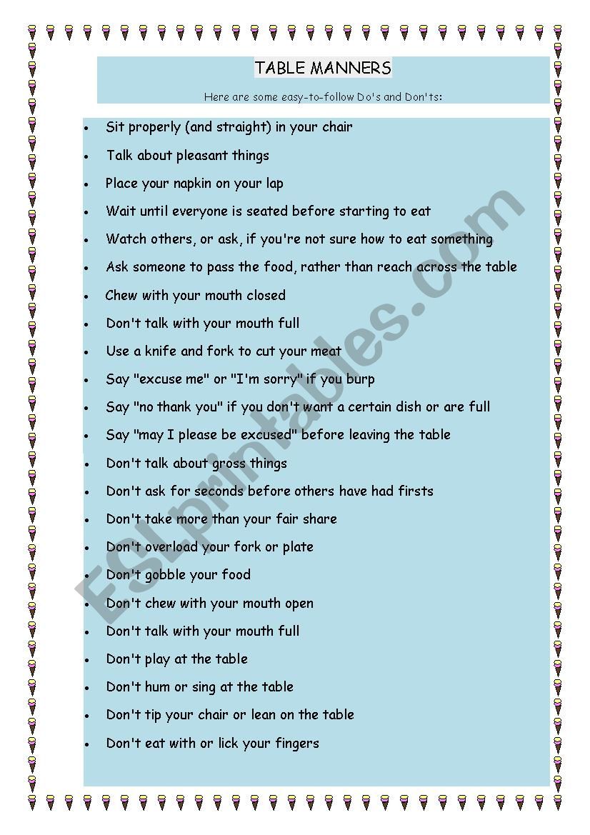 Table Manners worksheet