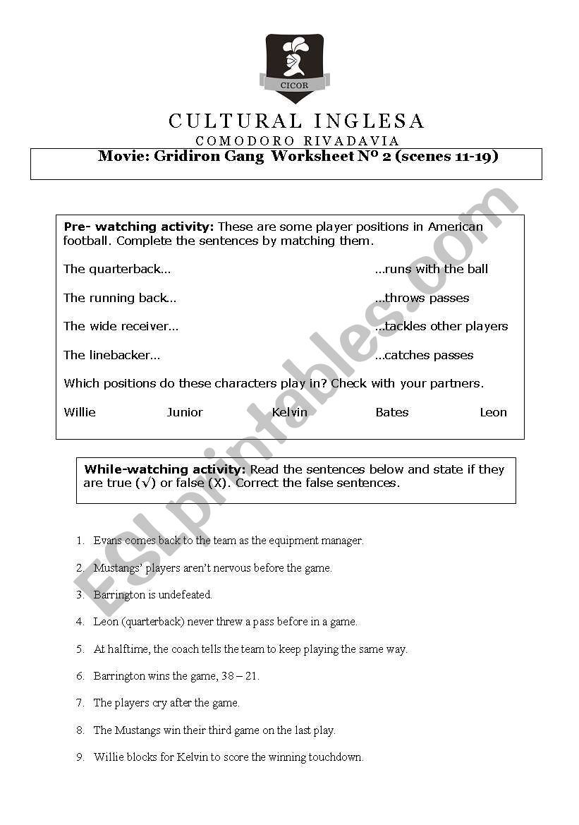 Gridiron Gang worksheet