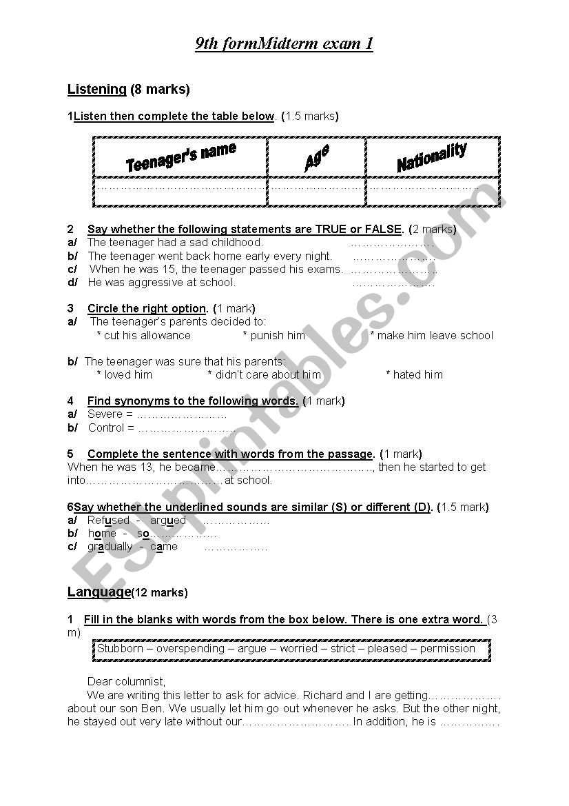 9th form mid term exam number 1