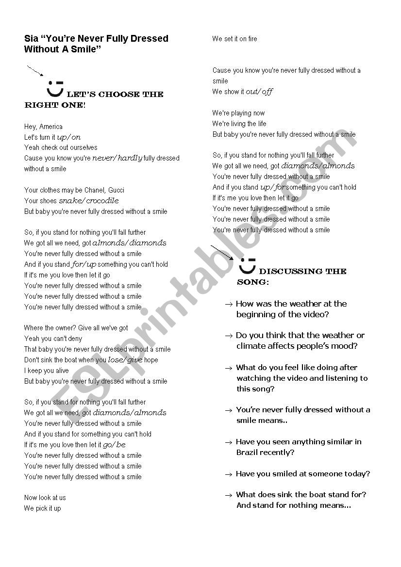 Song: You´re never fully dressed without a smile - ESL worksheet by Avlande