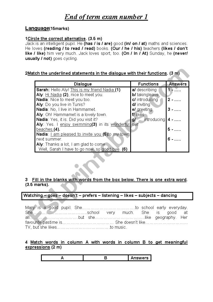 7th form end of term exam number 1