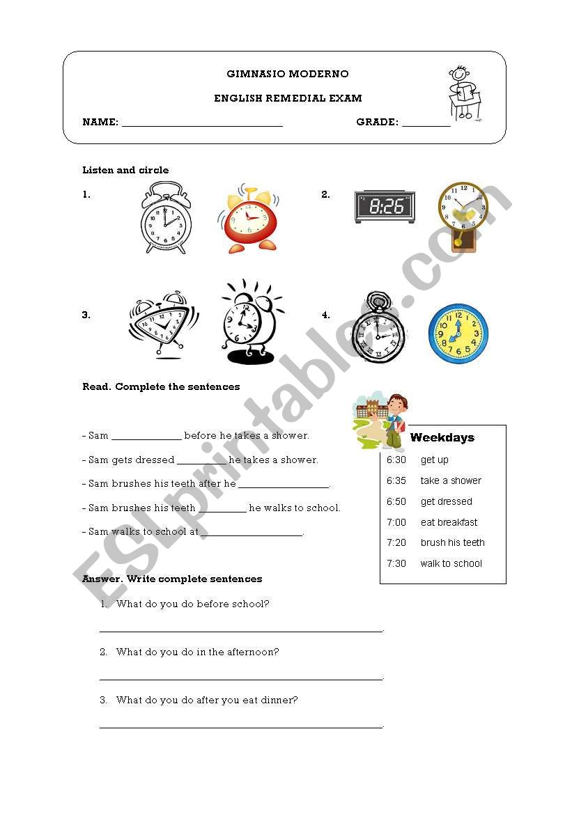 daily routines test worksheet