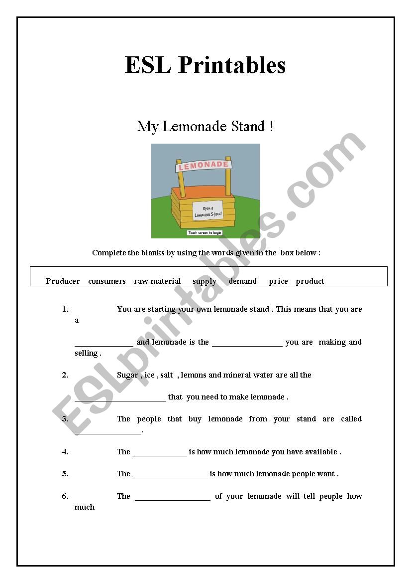 Lemonade stand 3 worksheet