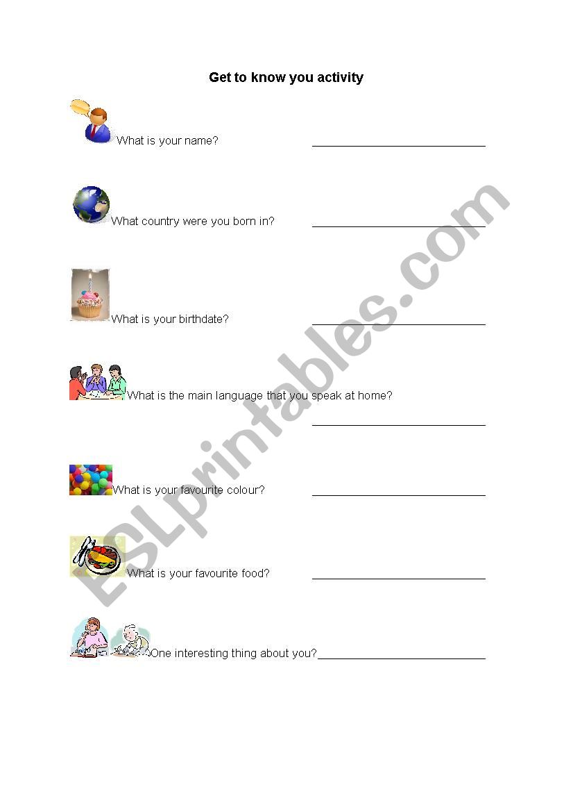 ESL get to know you activity worksheet