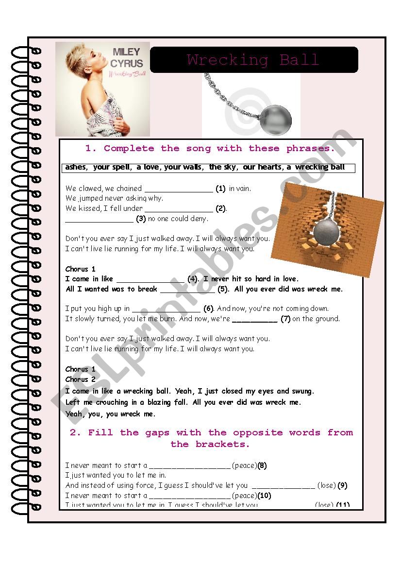 Wrecking ball by Miley Cyrus worksheet