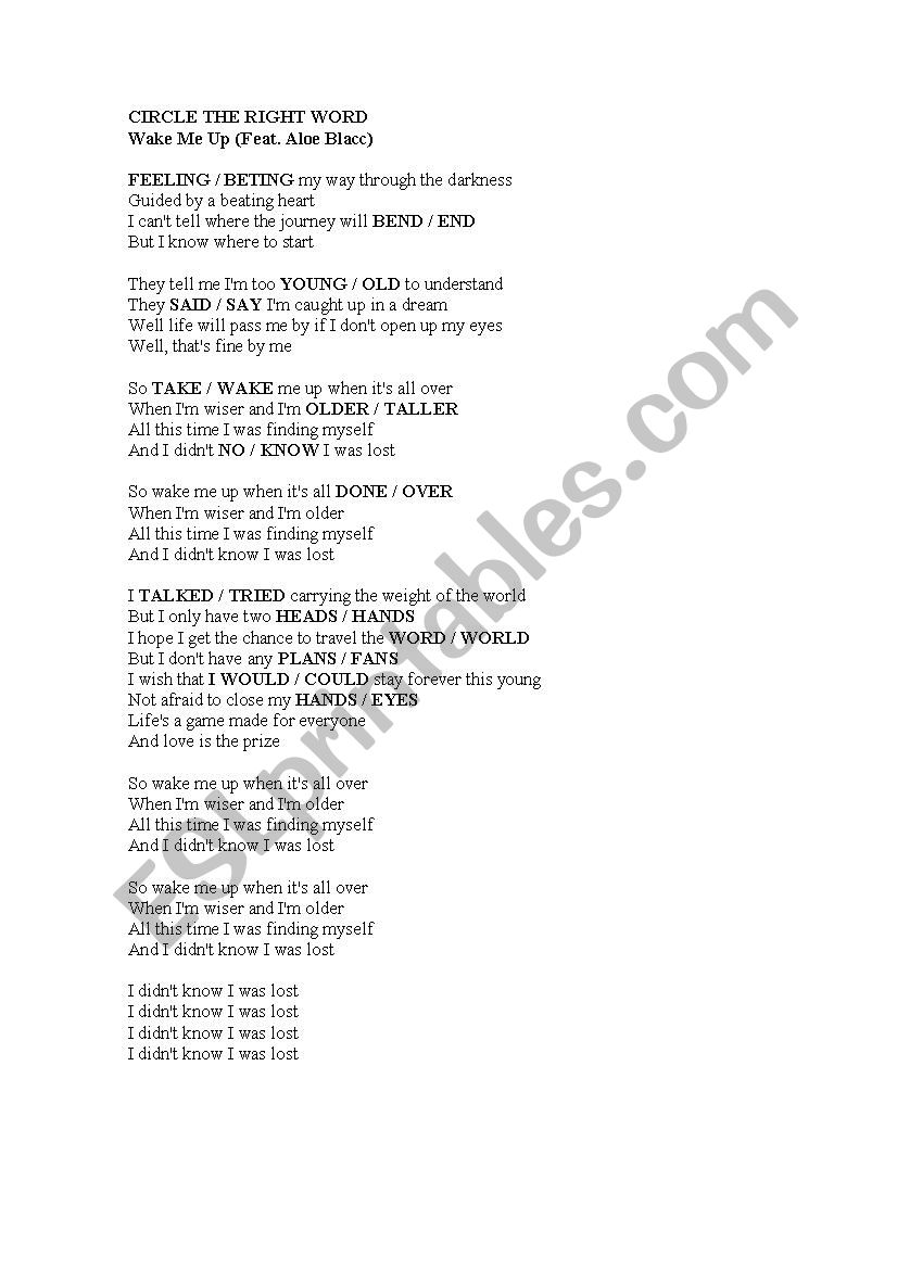 Song worksheet: wake me up worksheet