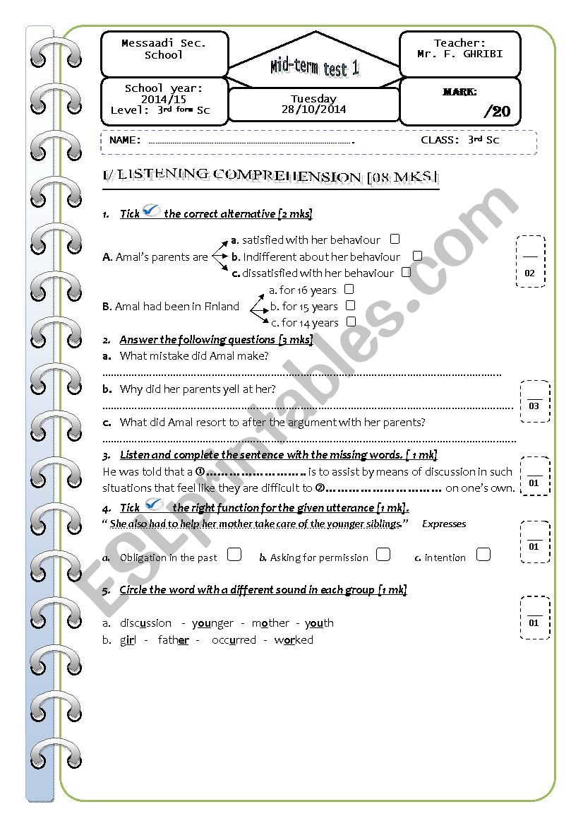 Mid-term test 1   3rd form Sc worksheet