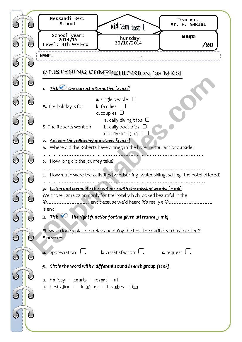 Mid-term test 1 Bac eco worksheet