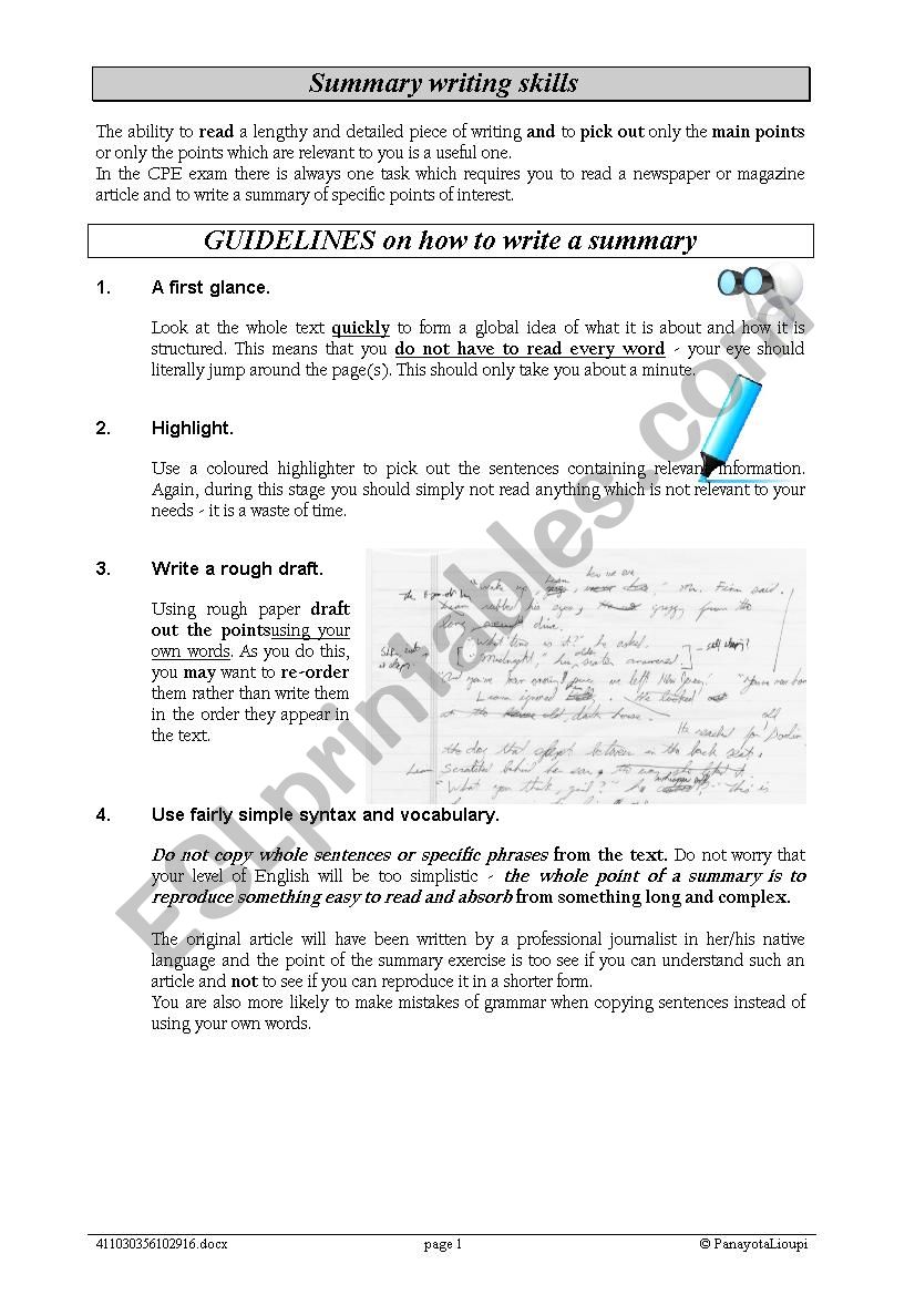 Summary writing worksheet